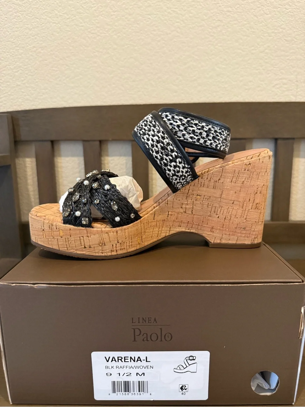 NWT LEATHER  Varena Black Raffia Woven Cork Wedge Sandal